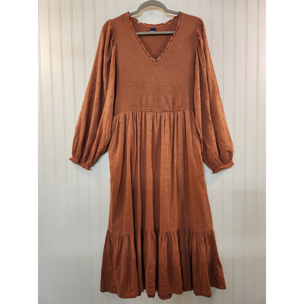 Old Navy Womens Smocked V-Neck Clip Dot Tiered Maxi Dress Rust Brown Large Flowy